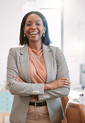 Buy stock photo Office, happy and portrait of black woman with smile for professional job, pride and administration. Consultant, arms crossed and face with confidence for company, ambition and career at agency