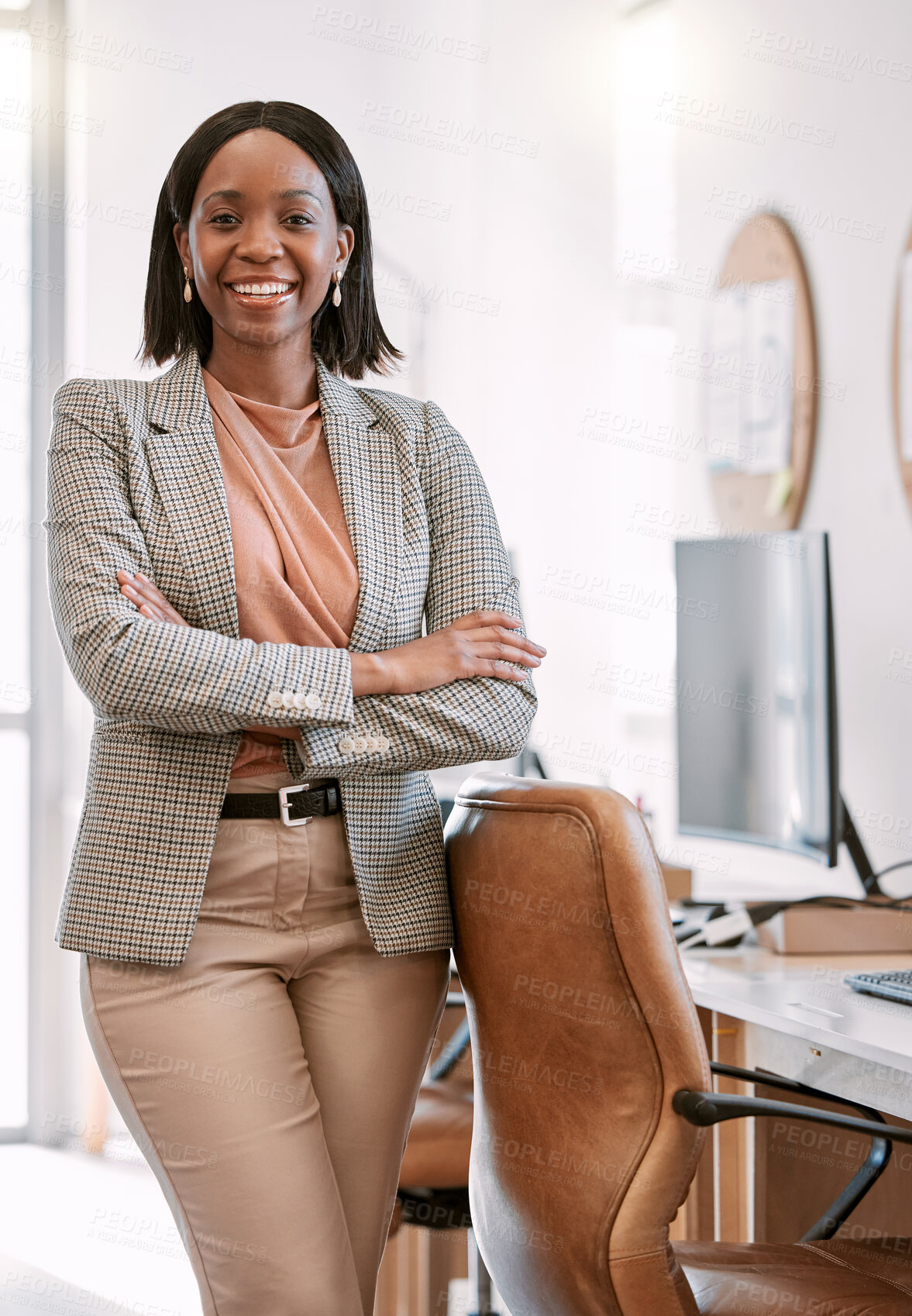 Buy stock photo Company, office and portrait of black woman with smile for professional job, pride and administration. Consultant, happy and face of person with confidence for corporate, ambition or career at agency