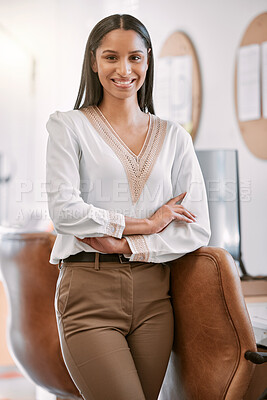 Buy stock photo Work, happy and portrait of woman in office for professional career, administration and ambition. Consultant, arms crossed and face with confidence for company, pride and job at corporate agency