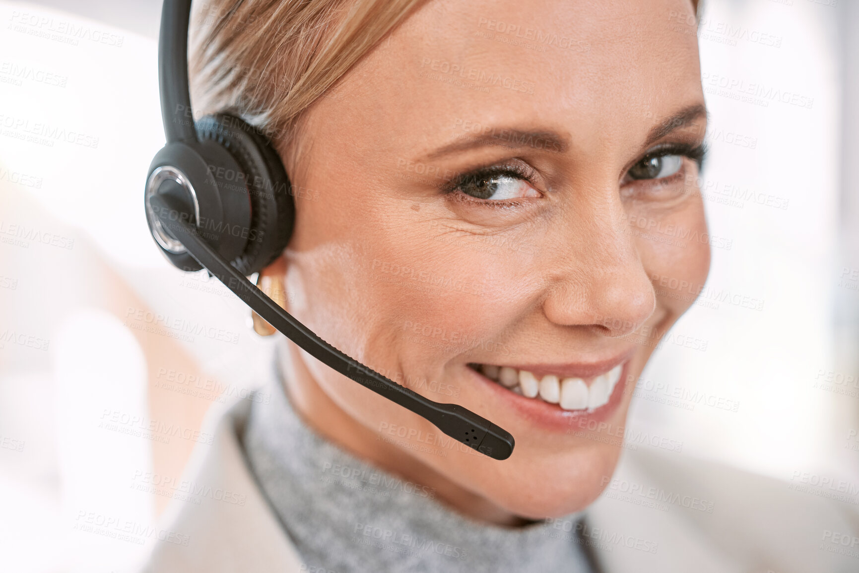 Buy stock photo Call center, portrait and woman smile in office consulting for crm, faq or contact us with customer support. Telemarketing, face or friendly insurance consultant with virtual, help and b2b networking