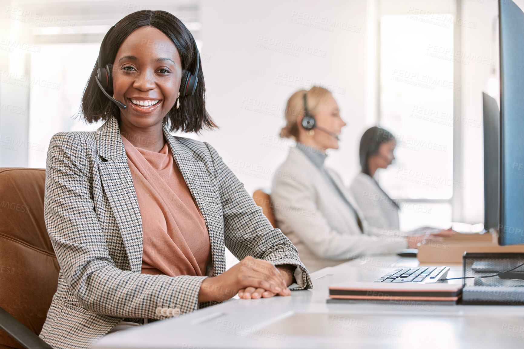 Buy stock photo Call center, talking and headset of woman, portrait and friendly for customer service, team and tech support. Office, working and b2b for telemarketing, help and consulting for company and agent