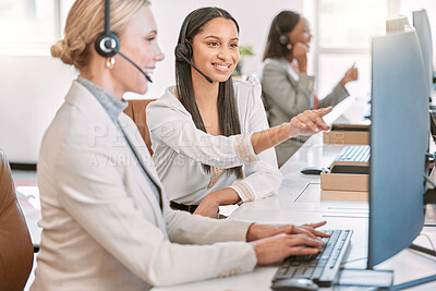 Buy stock photo Callcenter, training and woman at computer  with manager in discussion at help desk with advice from team leader. Learning, planning and help, agent and mentor in customer service for support and crm