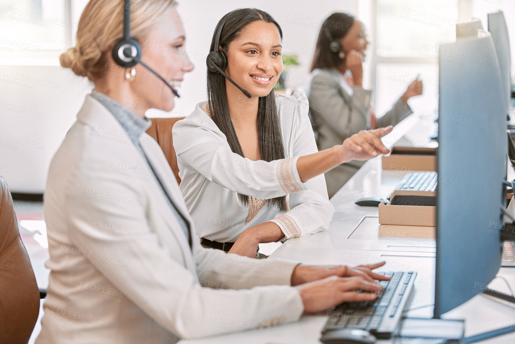 Buy stock photo Callcenter, training and woman at computer  with manager in discussion at help desk with advice from team leader. Learning, planning and help, agent and mentor in customer service for support and crm
