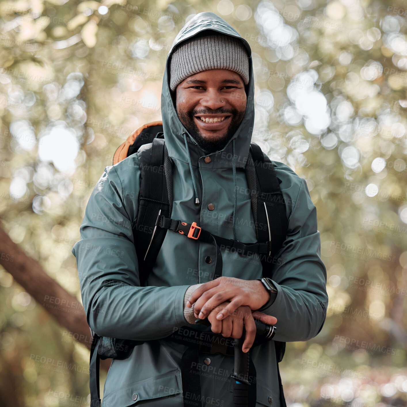 Buy stock photo Black man, portrait smile and hiking in nature for travel, adventure and journey in the outdoors. Happy African male person or hiker smiling in trekking, walk or hike for fitness, workout or exercise