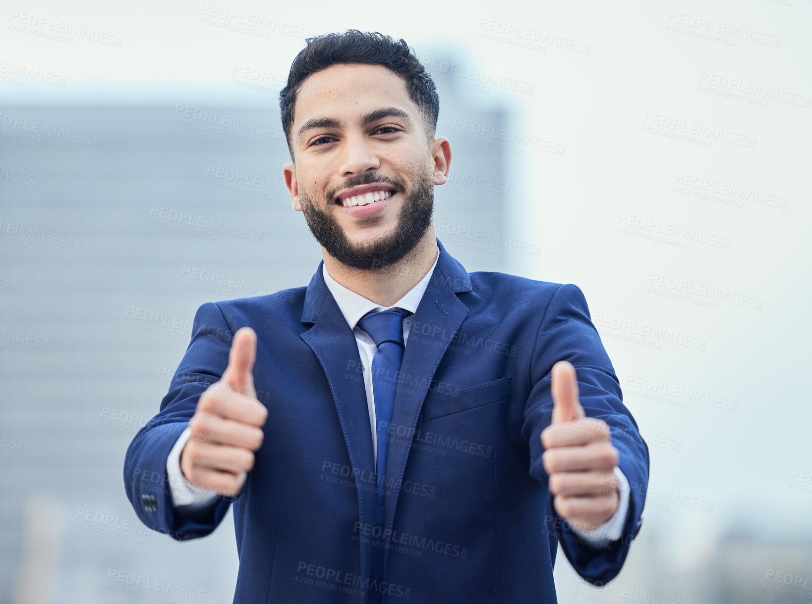 Buy stock photo Smile, portrait and businessman with thumbs up in a city for support, thank you and success sign outdoor. Winner, vote or face of entrepreneur in Mexico with emoji hands for feedback, opinion or yes