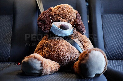 Buy stock photo Shot of a teddy bear on a car seat in a car