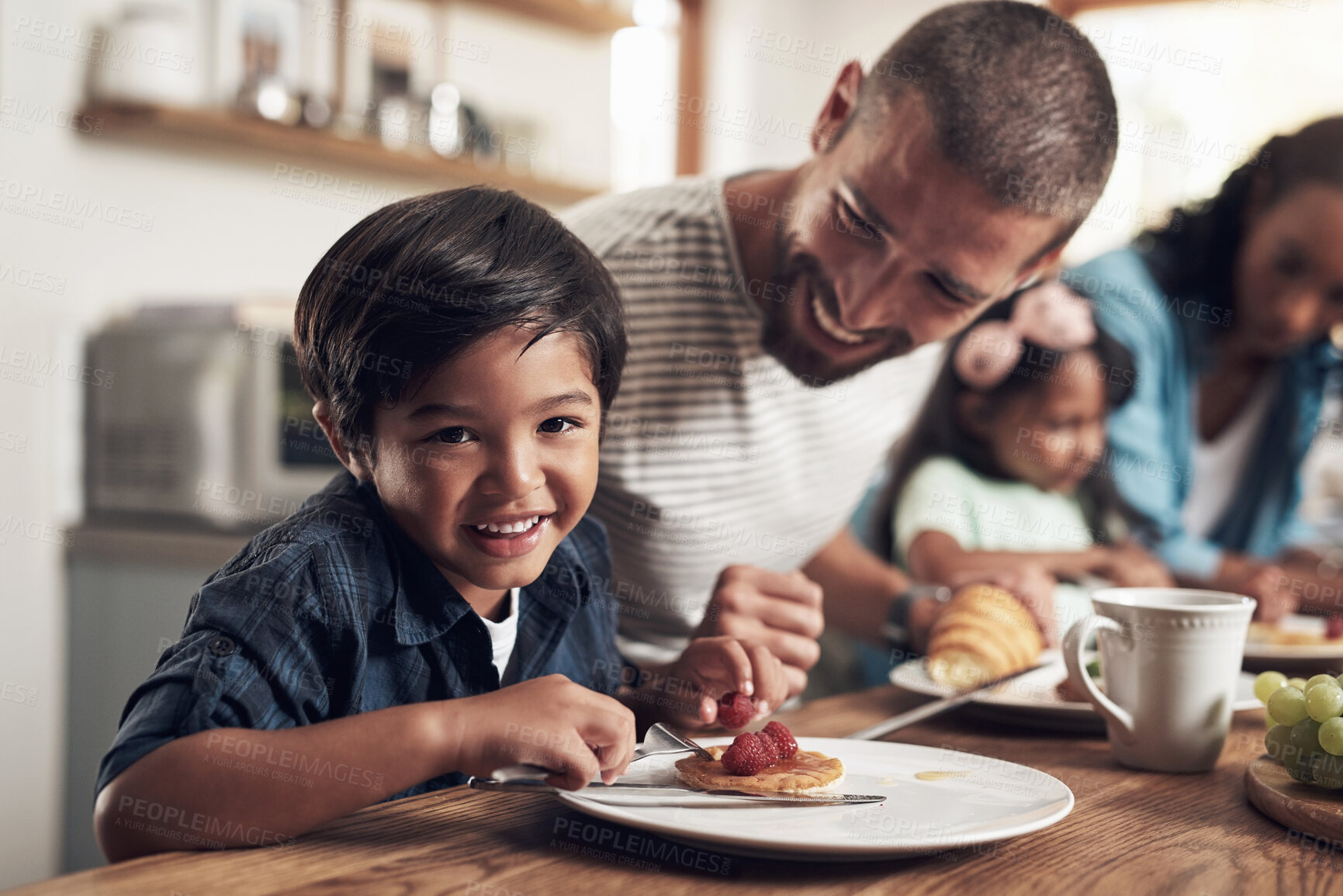 Buy stock photo Kitchen table, parents and children in portrait for breakfast, food and nutrition in morning as family. Home, mother and father with kids for eating pancakes, hungry and bonding together with meal