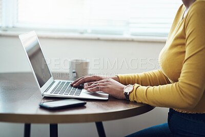 Buy stock photo Typing, laptop and woman hands for planning, website research and creative blog with remote work or opportunity, Startup, software and person on computer, copywriting, ideas and inspiration at home