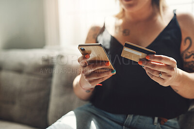Buy stock photo Phone, credit card and woman hands on sofa for online shopping, e commerce and fintech payment, loan or finance.  Person on couch typing banking information on mobile app for home and web transaction