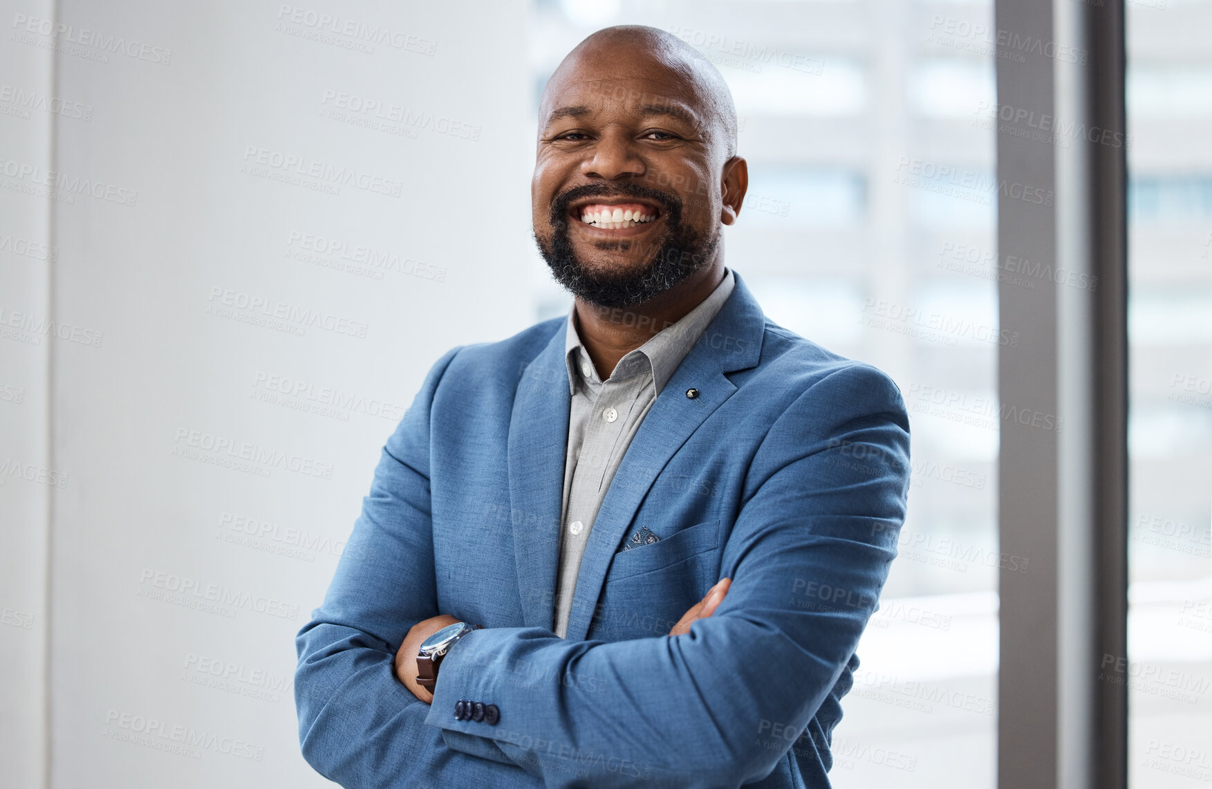 Buy stock photo Portrait, business and black man with pride in office of corporate career, financial executive and ambition. Smile, male person and arms crossed of audit experience, investment growth and opportunity