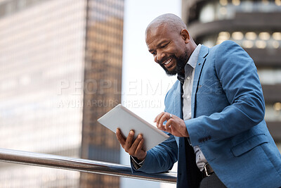 Buy stock photo Happy, online and businessman with tablet, balcony and trader with app for market research and outdoor. Digital, corporate and info for investment, employee and planning with website and typing