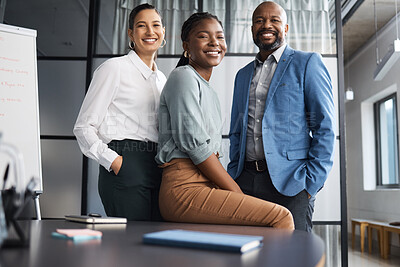 Buy stock photo Portrait of a group of businesspeople working together in an office