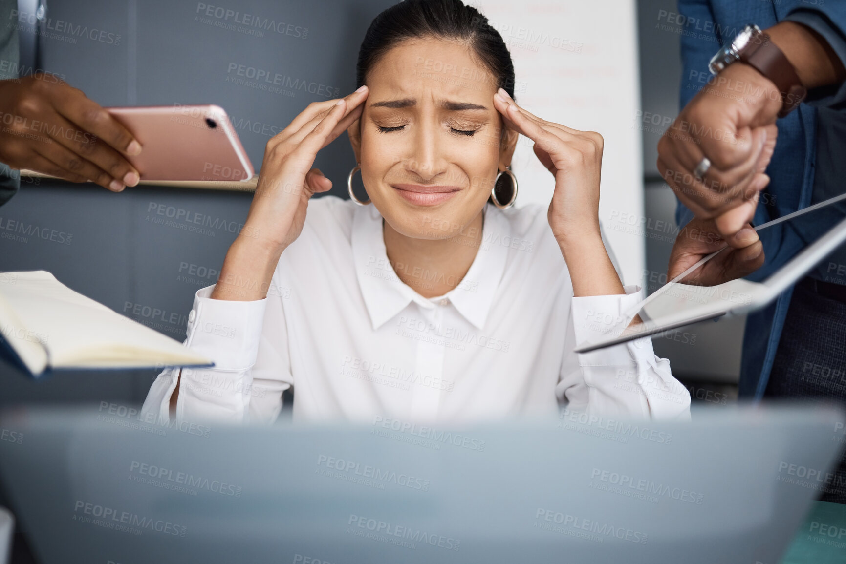 Buy stock photo Stress, time management and businesswoman with laptop in office with documents for approval for team. Burnout, multitasking and public relations officer with employees for deadline with paperwork.