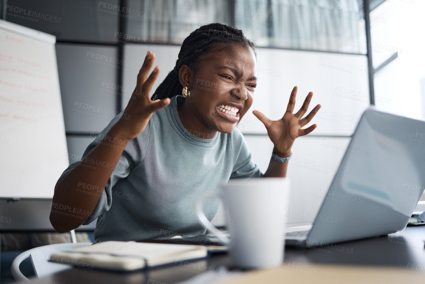 Buy stock photo Black woman, laptop and stress with crisis in office with anxiety, email or rejection letter for architecture deal. Person, computer and frustrated with anger for news at property development agency