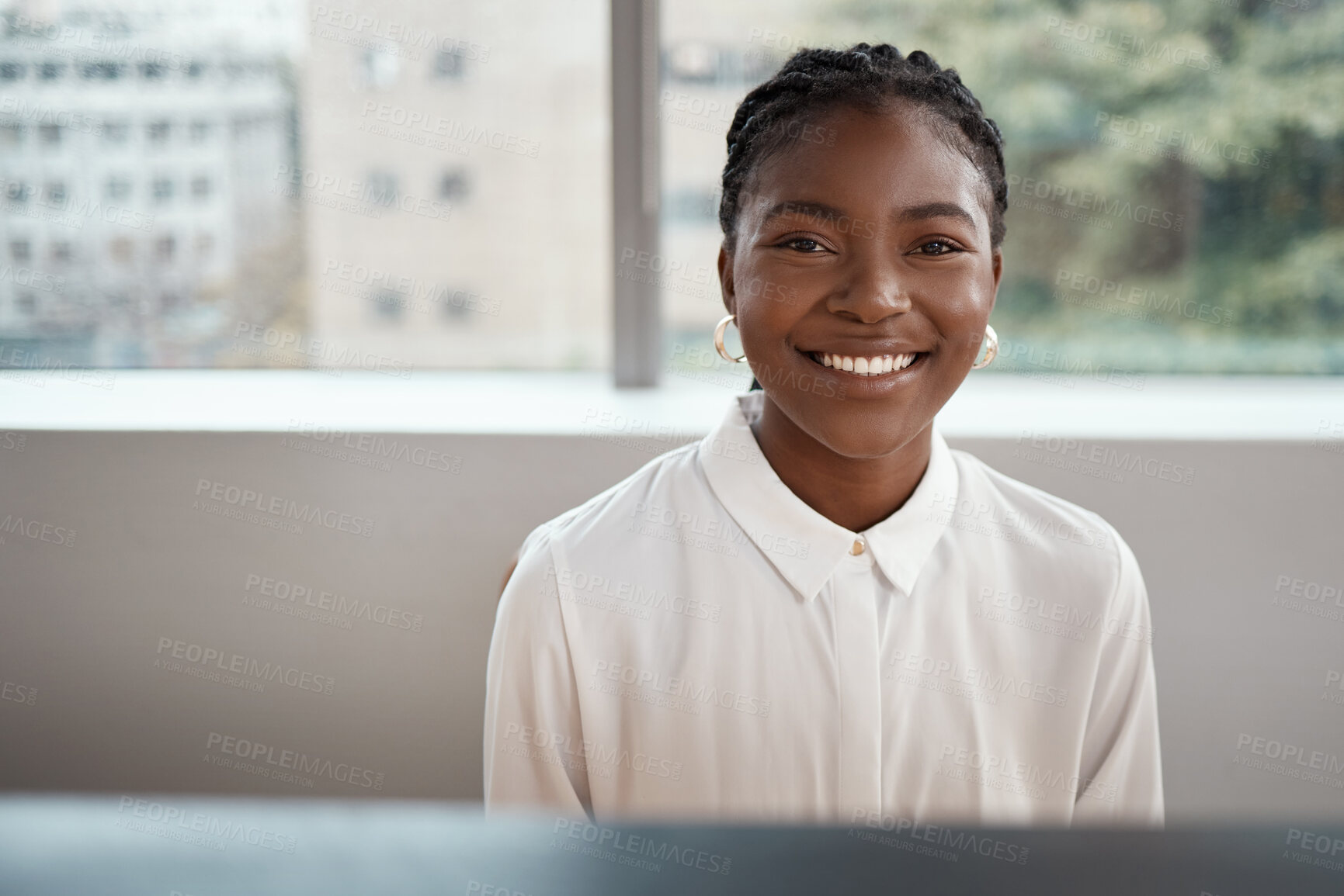 Buy stock photo Financial advisor, black woman and smile with portrait in office for debt management, risk tolerance and service. Business, professional and happy at desk for finance product assistance or compliance