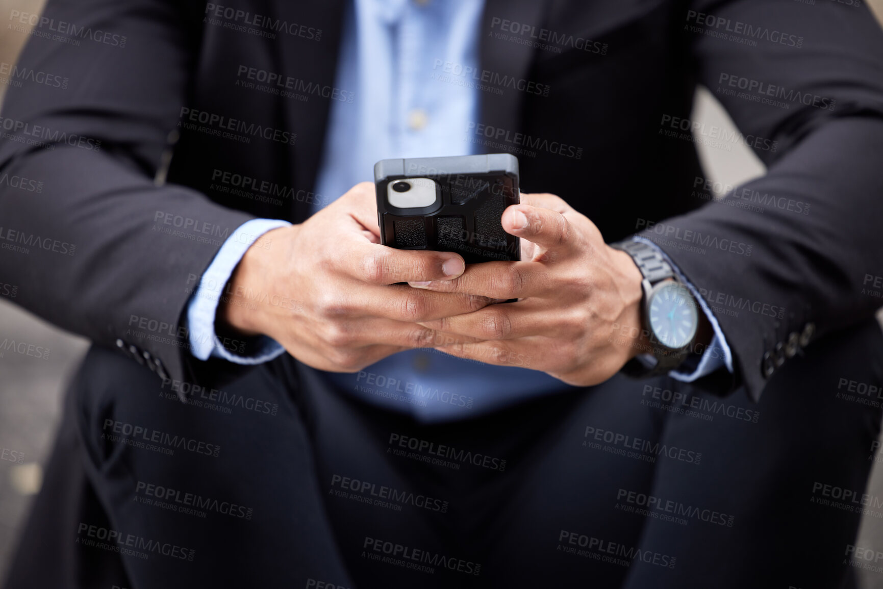 Buy stock photo Hands, typing and businessman contact with phone, chat to client and scroll news of stocks. Professional, person and research crypto investment or trader on smartphone reading financial info on app