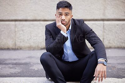 Buy stock photo Portrait, business and man in the city, bored and stress with burnout, fatigue and overworked. Face, male person and employee outdoor, exhausted or depression with mistake, tired or fail with anxiety