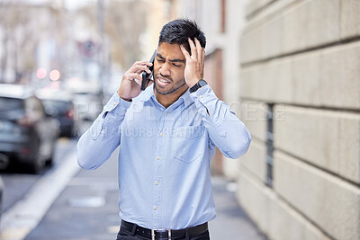 Buy stock photo Man, outdoor and stress with phone call as lawyer on conversation with client at law firm. Street, legal advisor and headache with discussion for connection and networking on cellphone in New York