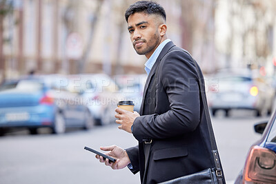 Buy stock photo Morning, transport and businessman with phone in city to call taxi on coffee break or walk to office. Man, thinking and mobile app for car, service and commute in New York or waiting for driver
