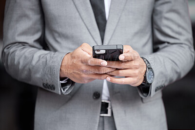 Buy stock photo Business man, phone and hands typing in studio, planning and networking for company deal. Male person, fingers and app for conversation on black background, legal website and lawyer for law firm