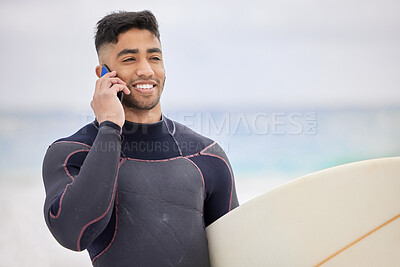 Buy stock photo Phone call, surfer and happy man at beach for talking, conversation or listen to contact. Mobile, surfboard or smile of person at ocean for fitness news, exercise or training at sea on summer holiday
