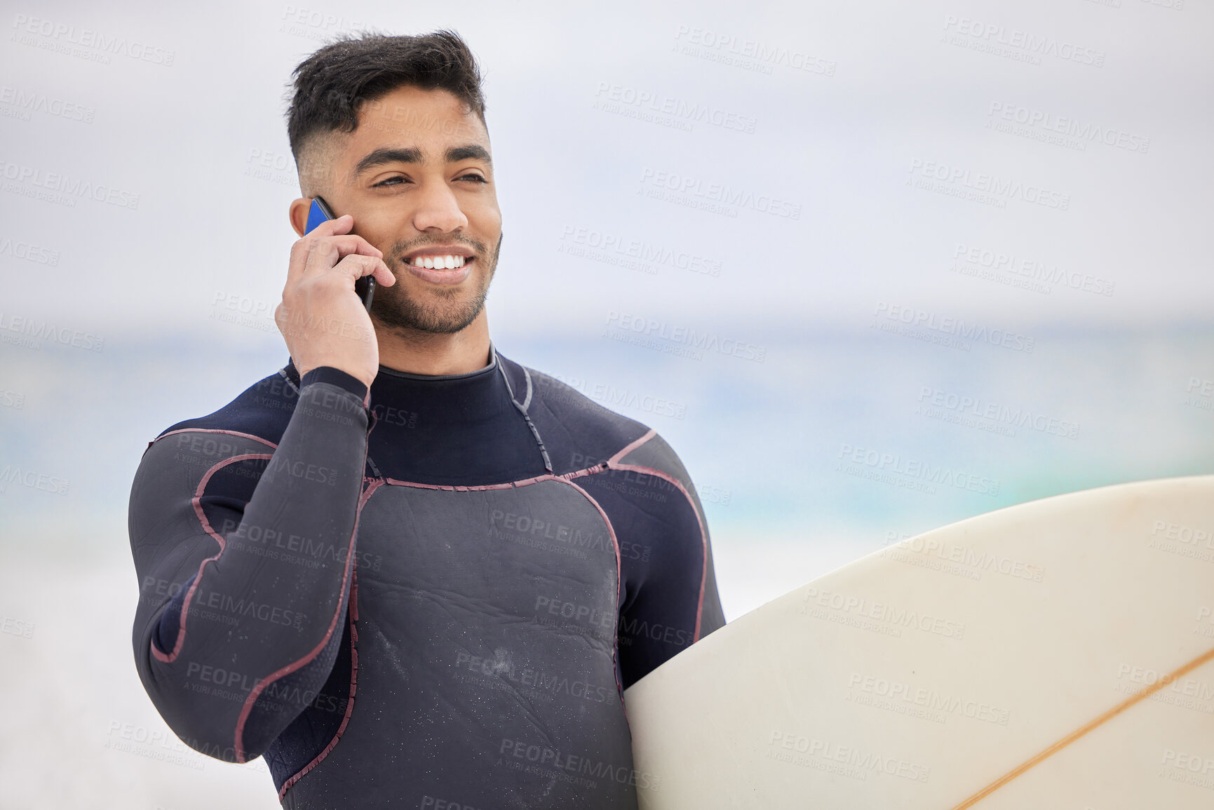 Buy stock photo Phone call, surfer and happy man at beach for talking, conversation or listen to contact. Mobile, surfboard or smile of person at ocean for fitness news, exercise or training at sea on summer holiday