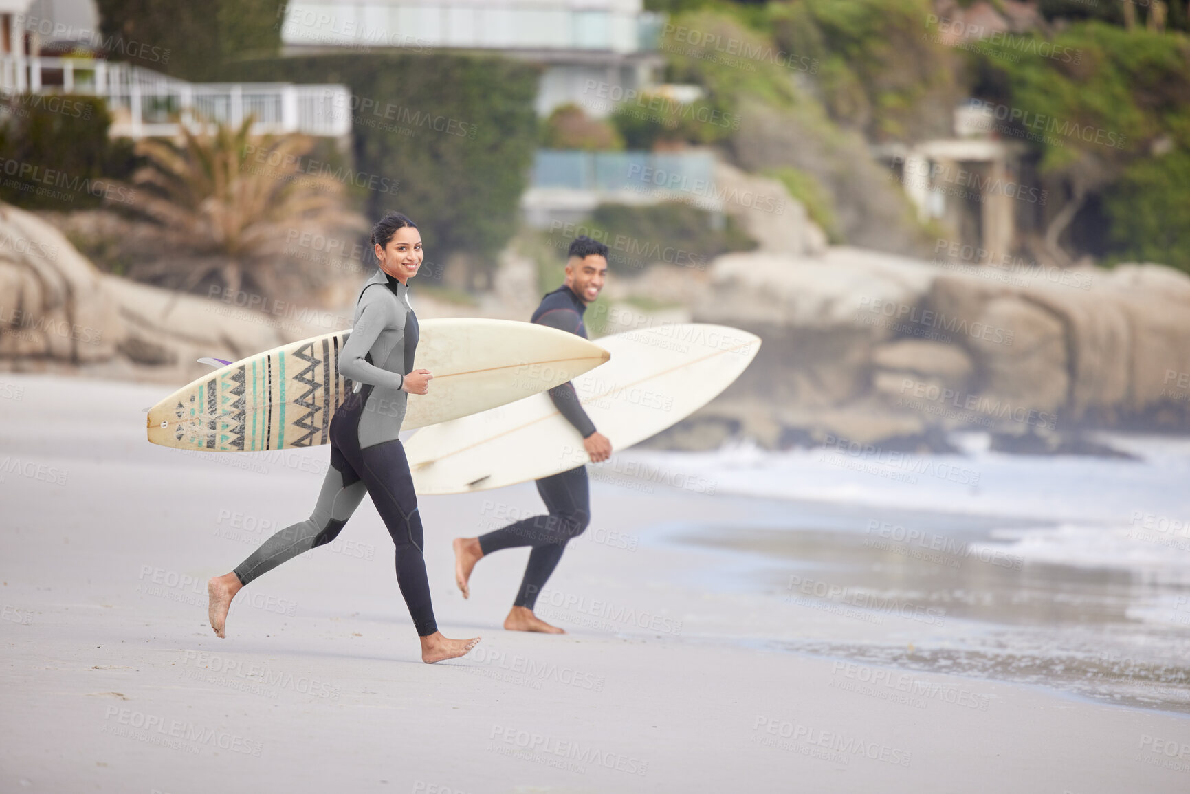 Buy stock photo Happy, couple and portrait by beach with surfboard for training or workout for competition, adventure and water sport. Surfers, beachwear and board for active fitness by ocean coast in California.