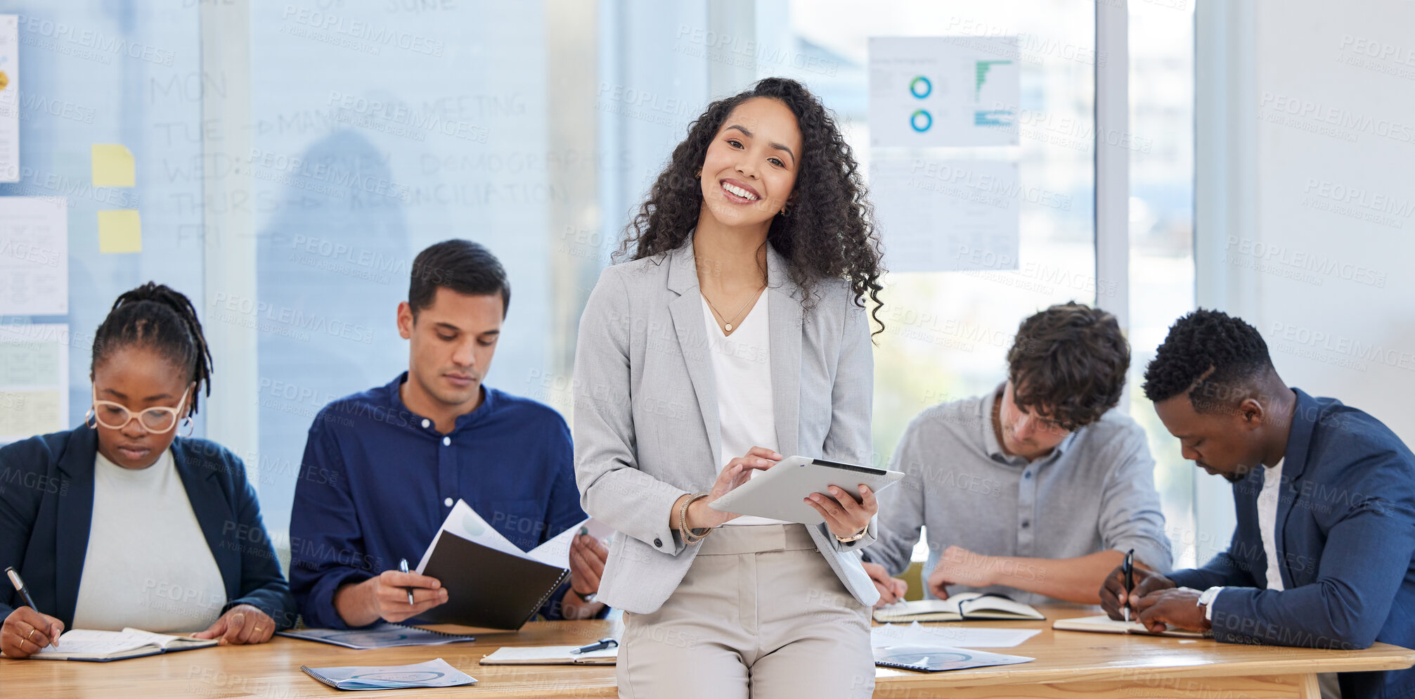 Buy stock photo Woman, board room and smile with tablet for research or teamwork and collaboration. Portrait, diversity and happy with people or candidates for assessment, job and interview with manager or boss