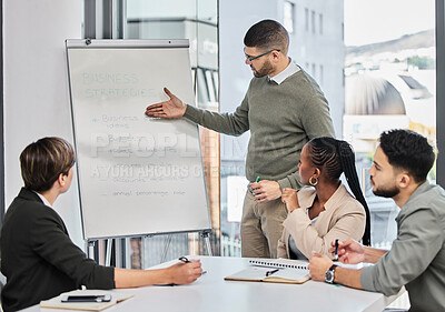 Buy stock photo Business man, presentation and strategy with team, whiteboard and training in finance company for target. Businessman, leader and speaker with ideas, solution or problem solving in group for planning