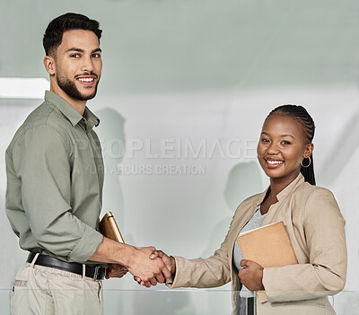 Buy stock photo Business man, woman and hand shake in portrait for deal, agreement or welcome for b2b partnership. African businesswoman, shaking hands and smile for human resources, respect and teamwork in office
