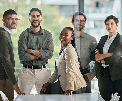 Buy stock photo Happy, diversity or portrait of business people in meeting with confidence in startup company. Team success, managers or proud employees smiling with leadership or group support for growth in office