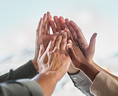 Buy stock photo Success, hands or business people high five for winning a deal or group partnership achievement. Teamwork, winners closeup or employees in celebration together with support, victory or solidarity 