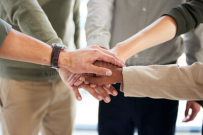 Buy stock photo Stack of hands, diversity and business people in office for teamwork, solidarity and unity. Group, celebration and employees working with support, collaboration or synergy together in workplace.