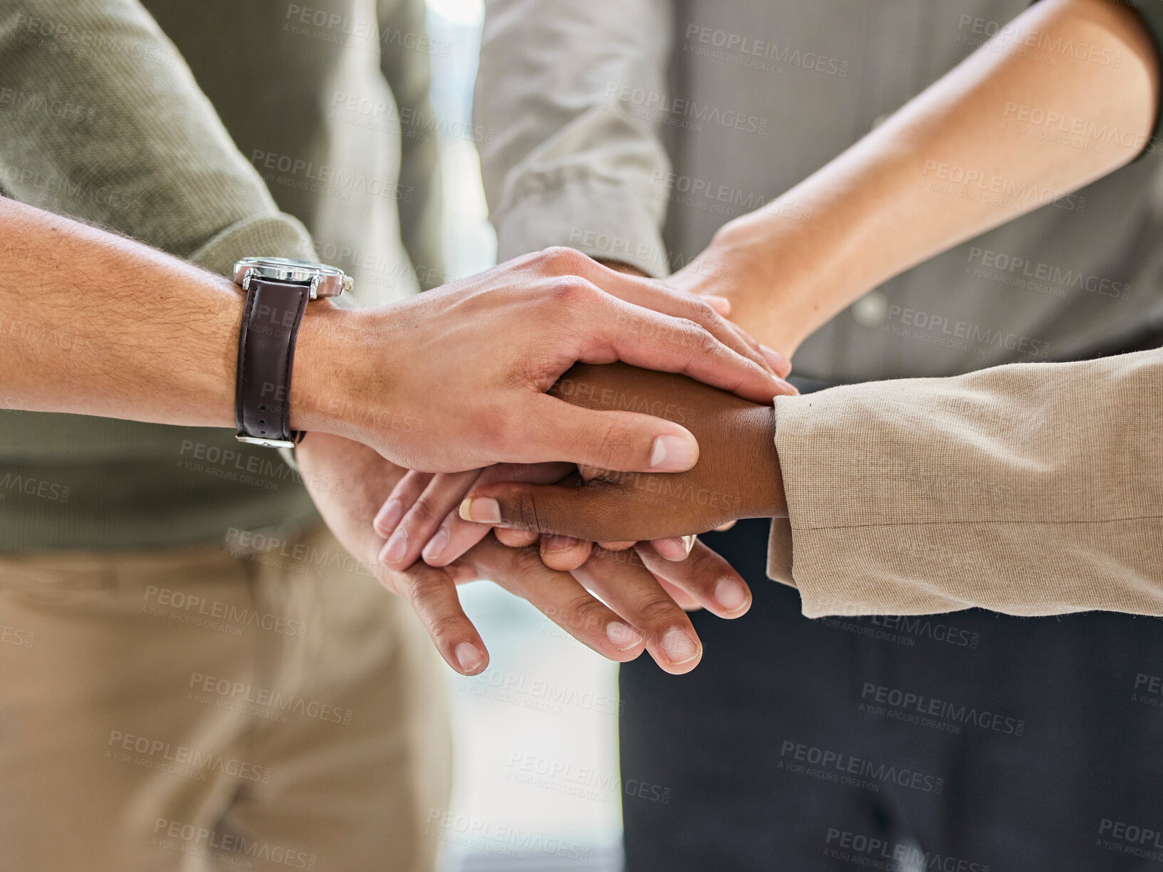 Buy stock photo Stack of hands, teamwork and business people in office for diversity, solidarity and unity. Group, celebration and employees working with support, collaboration or synergy together in workplace.