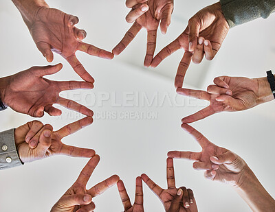Buy stock photo Hands, peace star and diversity for business community, collaboration and teamwork. Support, colleagues or employee connection for businesspeople, solidarity or trust for staff or workforce 