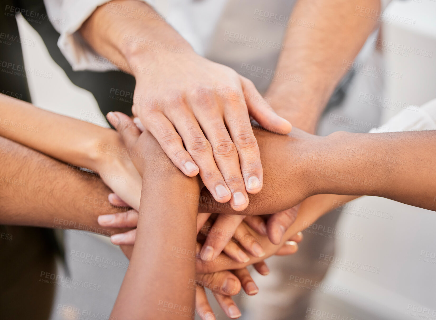 Buy stock photo Teamwork, above or business people with hands in stack for mission goal, collaboration or community. Empower, partnership or employees in meeting for support, solidarity or group motivation in office