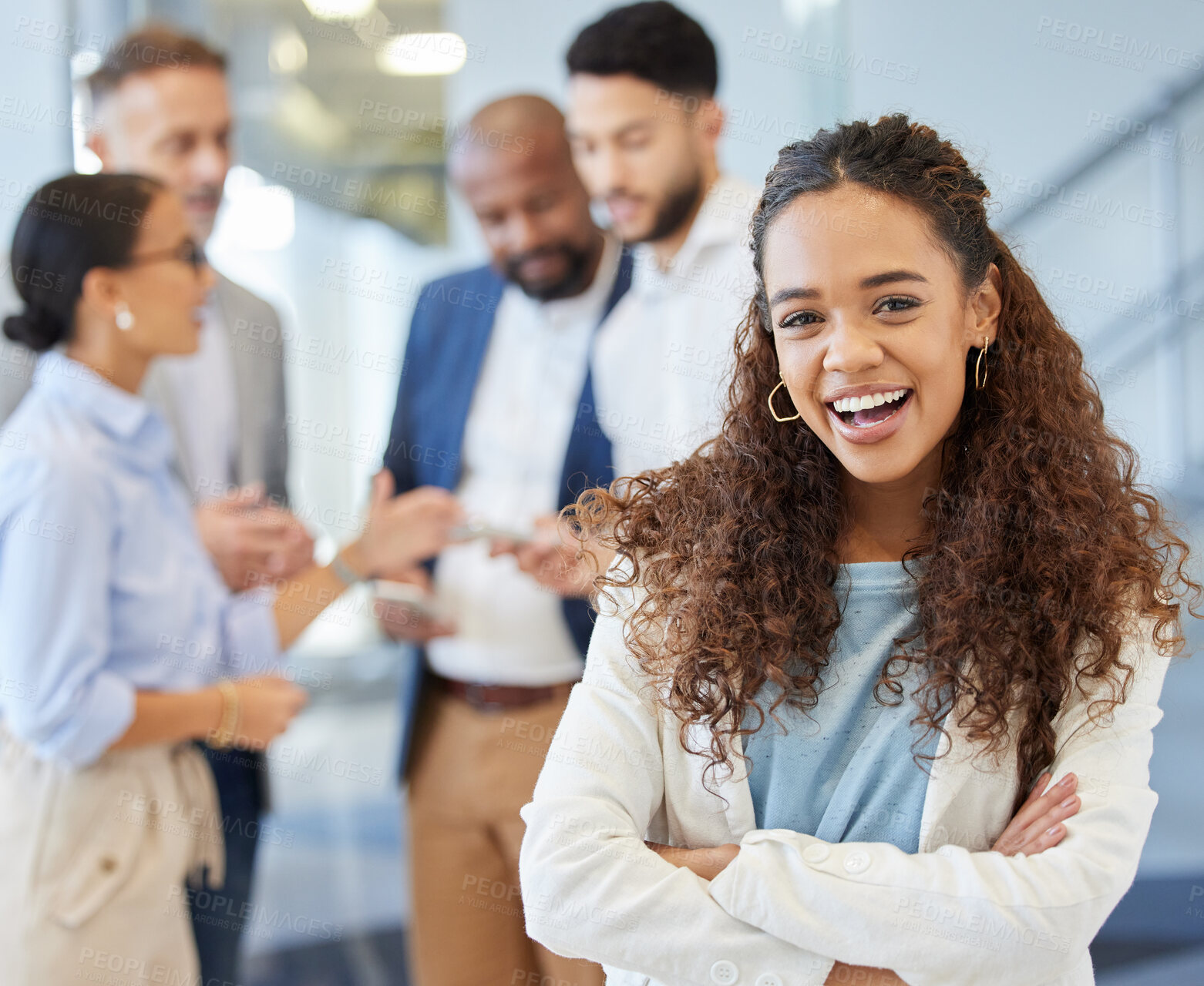 Buy stock photo Portrait, leader and business woman with arms crossed in office, smile or positive mindset. Leadership, face and female person with pride, ambition and professional hr management in workplace