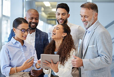 Buy stock photo Business people, men and women laughing with tablet in office, graphic joke or comic online. Tech, connection or collaboration of employees for funny game, meme or creativity for company brand