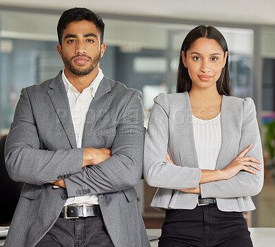 Buy stock photo Portrait, team and business people with arms crossed in office for partnership, support and teamwork. Face, leadership and proud man with woman in solidarity, collaboration and startup agency goal