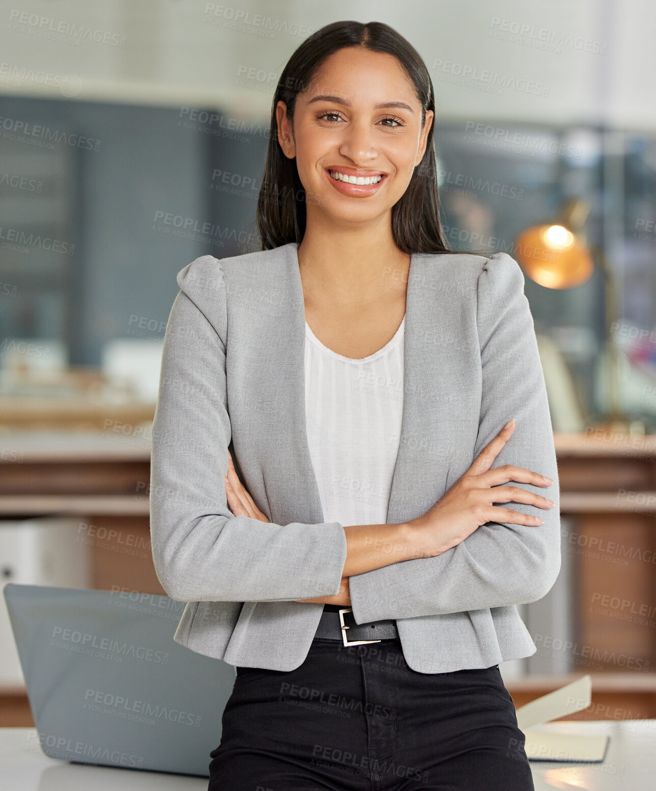 Buy stock photo Business woman, confident lawyer and portrait in office, employee and happy for startup company. Female person, professional and proud of career opportunity, arms crossed and attorney at law firm 