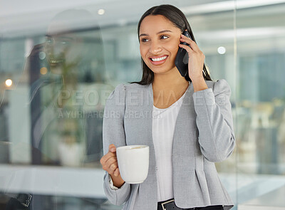 Buy stock photo Business woman, coffee and phone call for networking in office, employee and social media break at work. Female person, professional and app for talk or speaking, cup of tea and internet for b2b