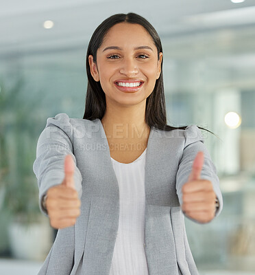 Buy stock photo Thumbs up, success and portrait of business woman for motivation, support and goal. Achievement, yes and thank you with female employee and hand gesture for like emoji, winner and agreement