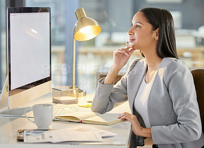 Buy stock photo Businesswoman, thinking and computer in office as project management in agency on deadline with mockup. Female person, working late and designer in workplace by night lamp, technology and notebook