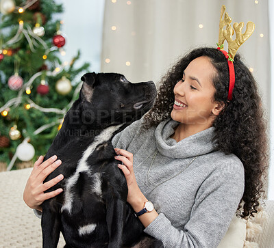 Buy stock photo Dog, Christmas and home with woman, love and celebration in lounge or living room. Pet, festive holiday and comfort for cute, best friend and animal bonding with reindeer costume for vacation fun 