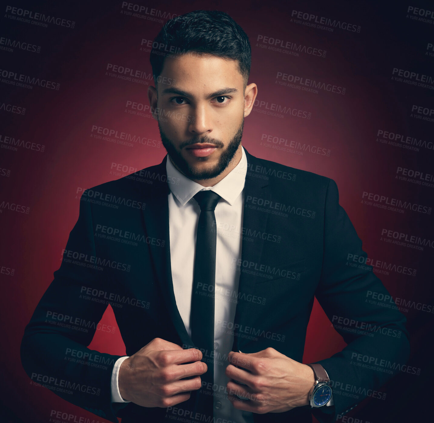 Buy stock photo Portrait, business and gentleman with fashion, suit and confident guy on red studio background. Face, person and model with stylish clothes, corporate and professional with pride, handsome and luxury