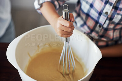 Buy stock photo Child, hands and bowl for baking, mixing and learning in kitchen with ingredients, cake or dessert preparation. Kid at home with whisk and cooking, helping or bonding with family for holiday cookies