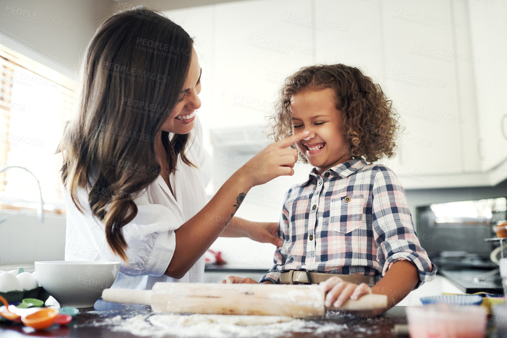 Buy stock photo Playing, mom or happy kid baking with pin or dough in kitchen for child development to prepare cookies in home. Mother, nose or daughter learning pastry recipe for meal, cooking dessert or bonding