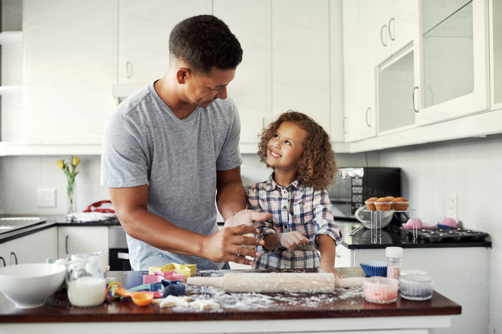 Buy stock photo Baking, father and girl in kitchen, love and teaching with support, ingredients and time together. Happy family, parent and dad with daughter in house, learning and cooking with utensils and help