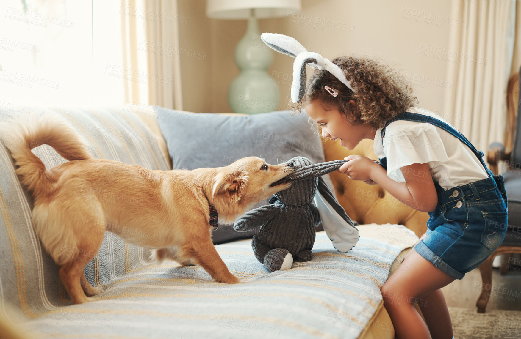 Buy stock photo Shot of an adorable young girl standing in the living room at home and playing with her dog