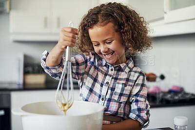 Buy stock photo Kitchen, happy and girl with mix for baking, recipe and ingredients for child development with learning. Family home, counter and kid with dessert, pastry and breakfast preparation in bowl as baker